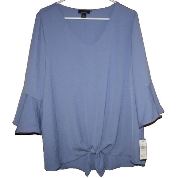 ALYX Women's Flutter Sleeve Overlay Blue Tie Front Blouse Plus Size 0X NWT $54 - Picture 1 of 8